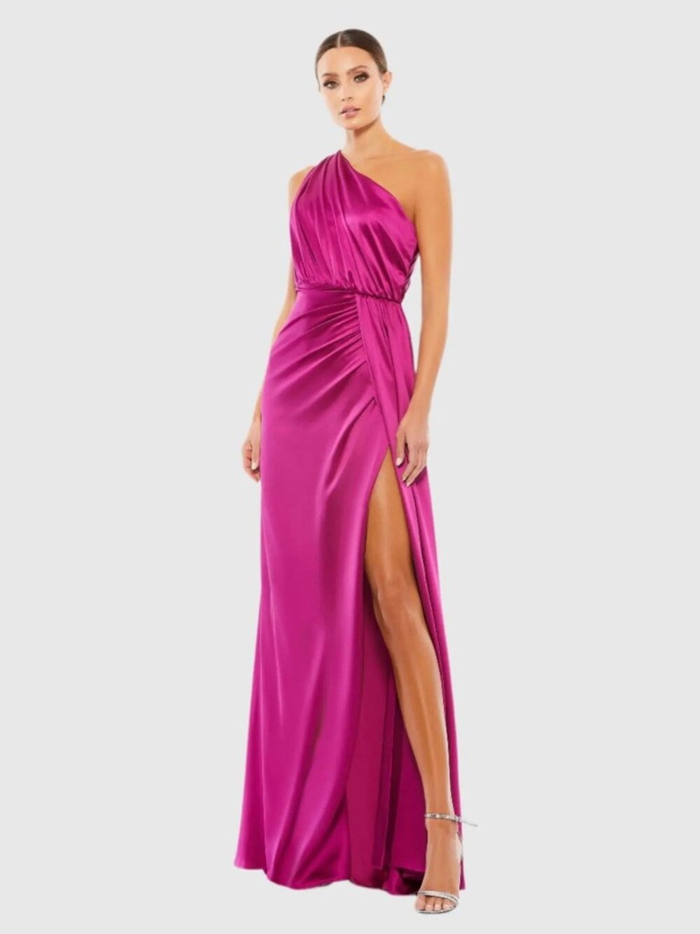 Mac Duggal Size 12 Pink 26654 One Shoulder Satin Faux Wrap Cocktail Gown Dress